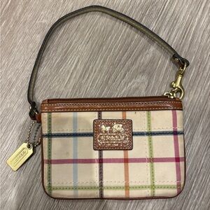 Coach Cream Plaid Wristlet with Brown Accents